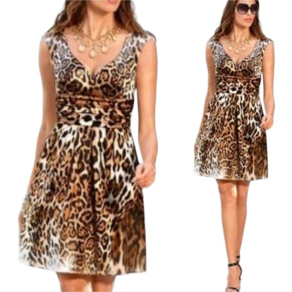Boston Proper Women's 4 Satin Leopard Dress A-Line V-Neck Sleeveless Cocktail - Picture 1 of 8